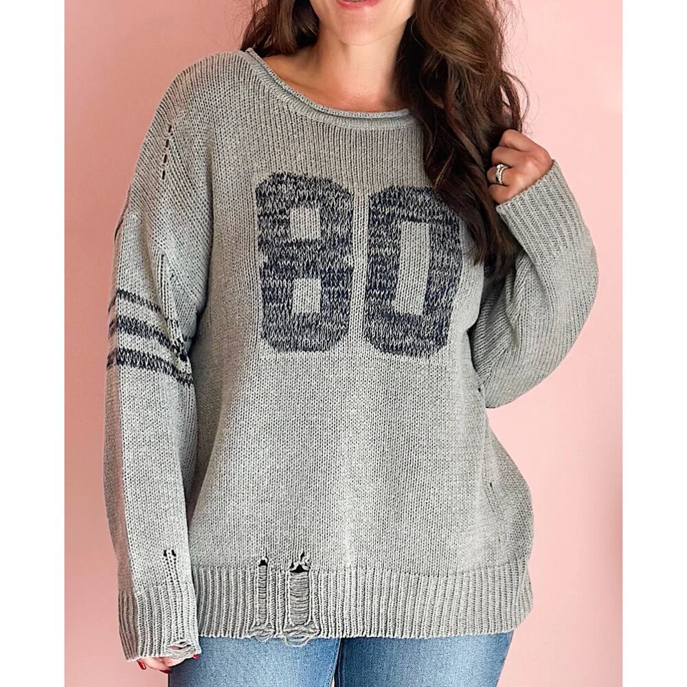 J.O.A Touchdown Distressed Knit Sweater Small Gray 80 Varsity Oversized Pullover